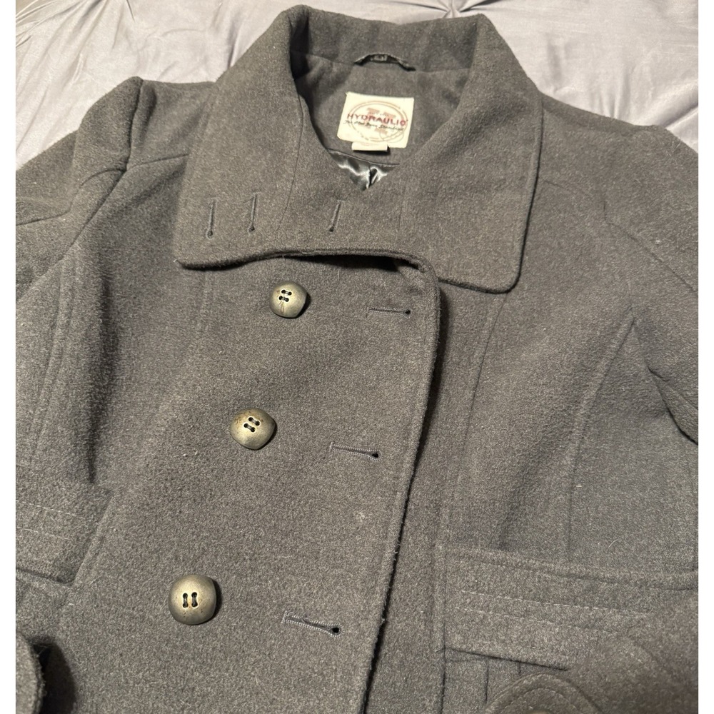 VTG Y2K Hydraulic Jeans Women's M Gray Double Breasted Pea Coat Belted Lined - Picture 5 of 12